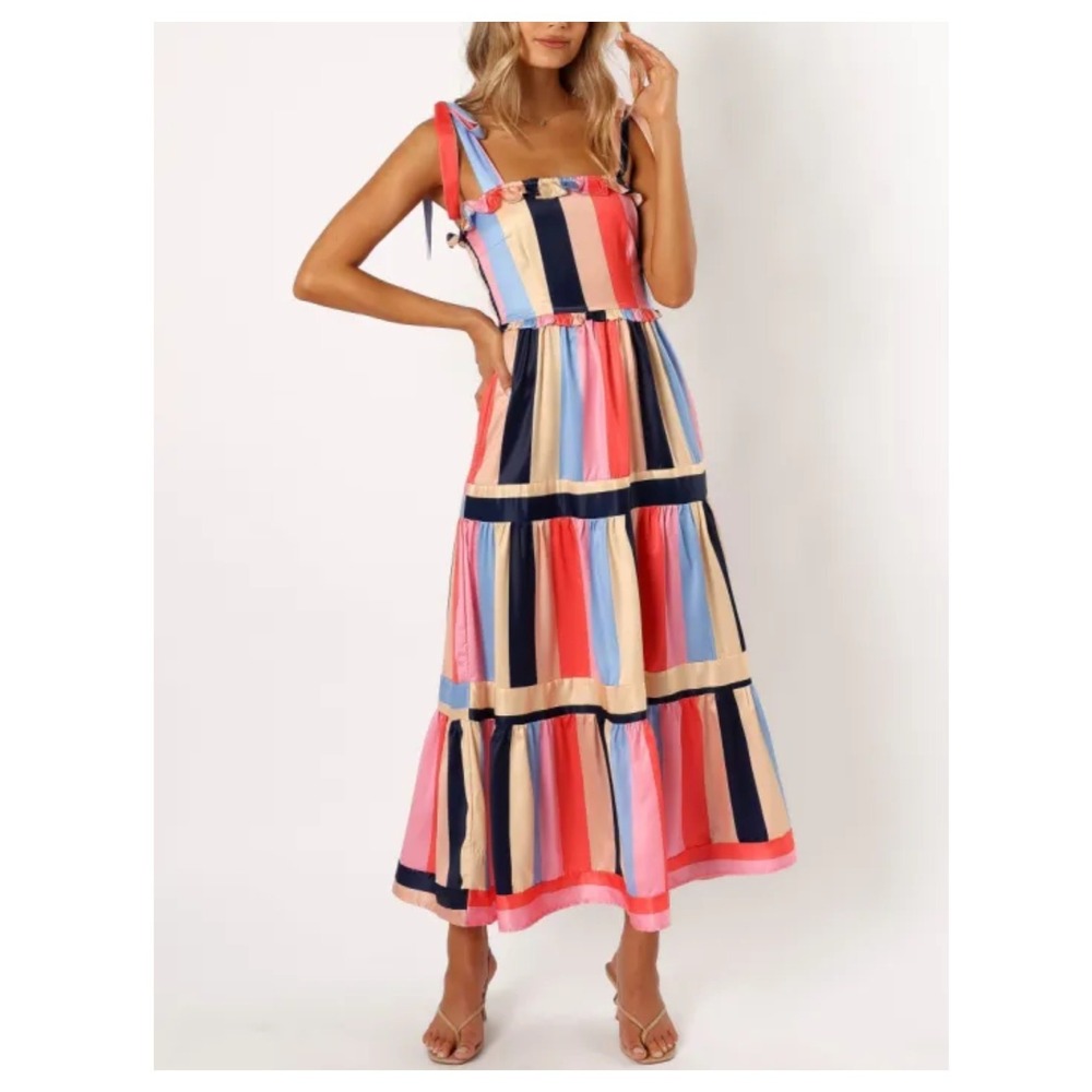 Petal + Pup Multicolored Striped Satin Smocked Back "Cobella" Maxi Dress 6 NWT - Picture 2 of 16